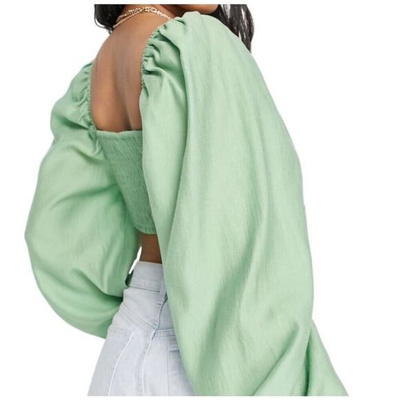 Topshop Ruched Cut Out Balloon Sleeve Top in Green Size 14 Nwt - Picture 8 of 9